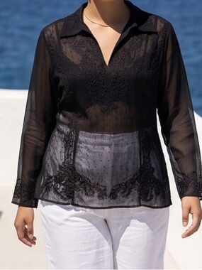 Vintage Ice Black Beaded Elegant Formal Sheer Long Sleeve Tunic Top